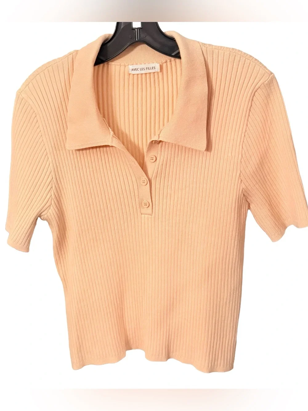 Avec Les Filles Light Peach Ribbed Knit Polo Collared Women’s Sz XL EUC